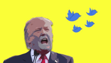Cartoon showing Twitter birds coming out of Trump's mouth