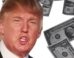 A photograph of Donald Trump with money shown falling down around him.