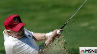 A photograph of Donald Trump playing golf.