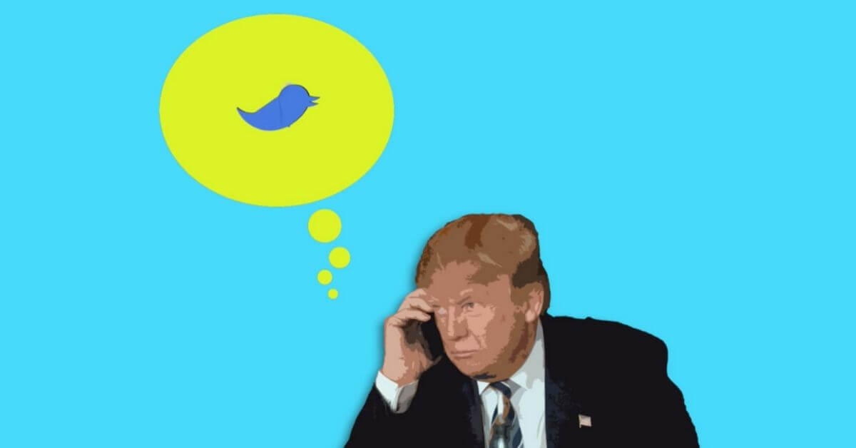 Trump with a thought bubble above his head with the twitter logo inside