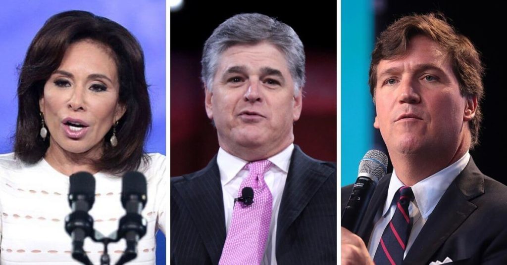 Side by side photographs of Fox News hosts Pirro, Hannity, and Carlson.