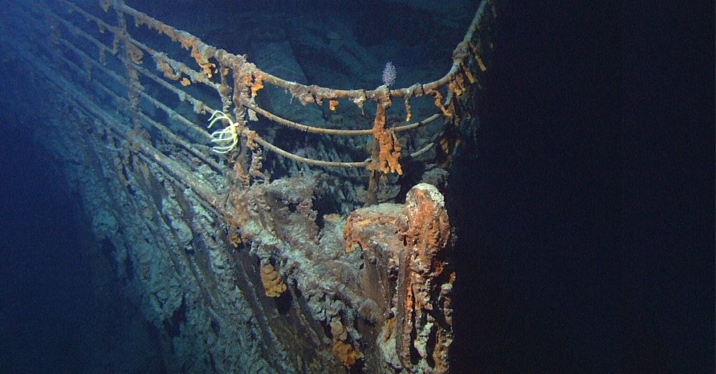 Photo of the titanic at the bottom of the ocean