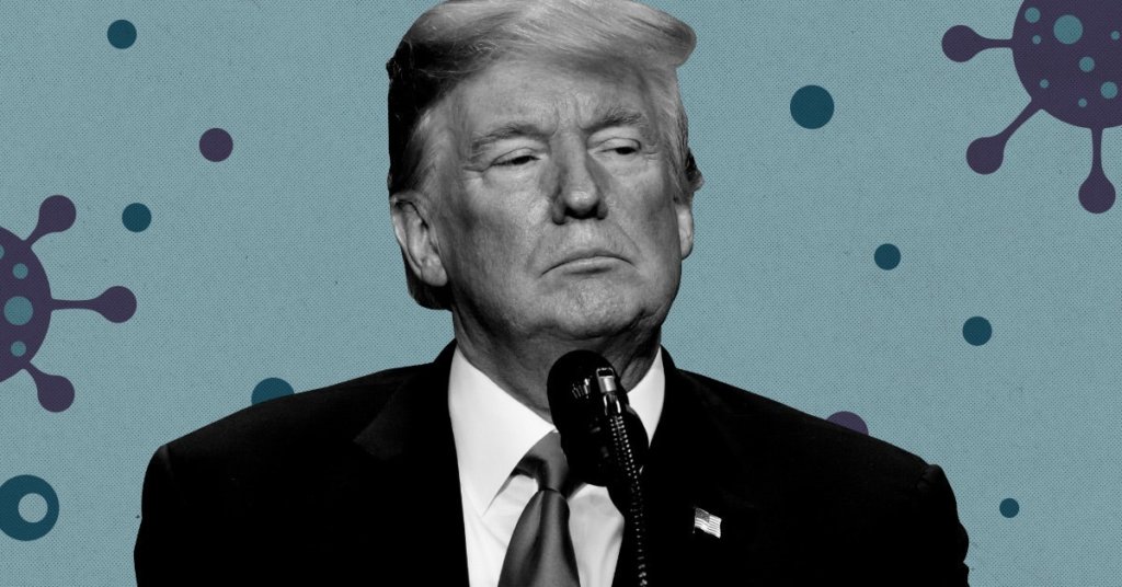 Stylized photo of trump in front of illustrated viruses