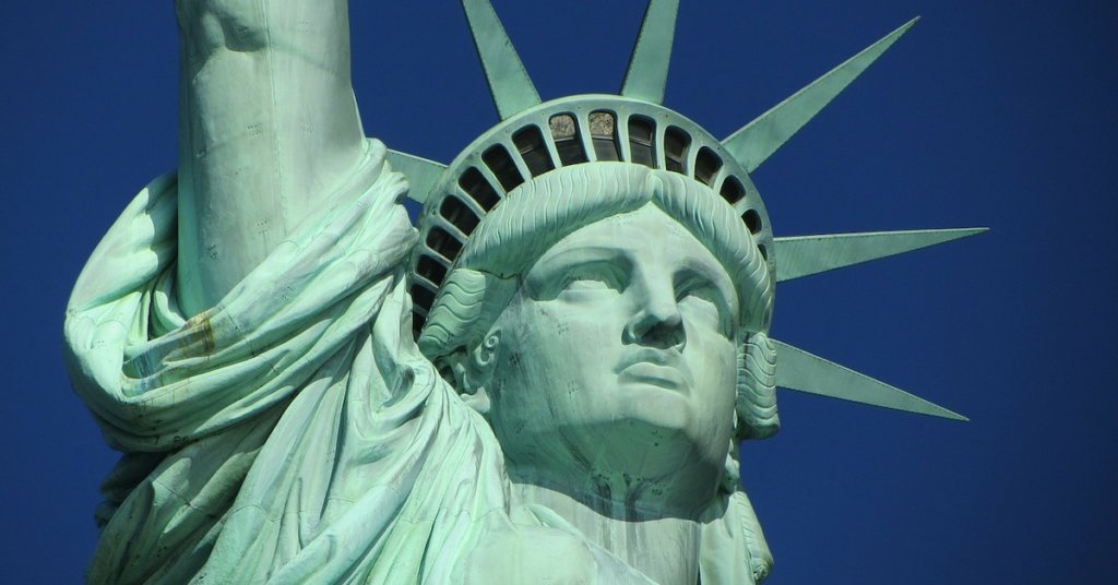 A photograph of the face of the Statue of Liberty.