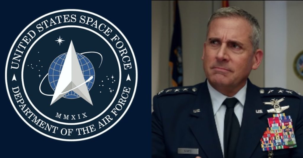 Side by side photo of the Space Force logo and Steve Carrell