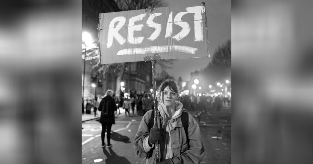 Demonstrator holding a sign that says 'Resist'