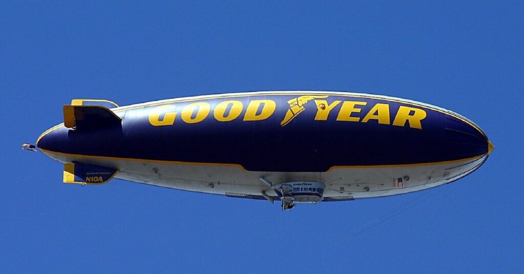 The Good Year blimp sails through the sky.