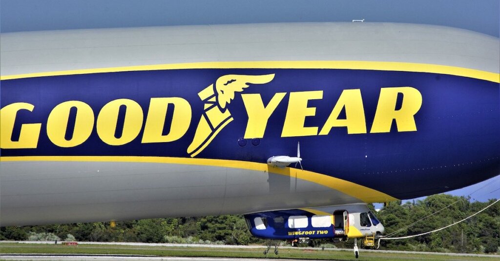 The gondola of the Good Year blimp at anchor.
