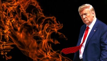 Trump standing in front of a fiery background