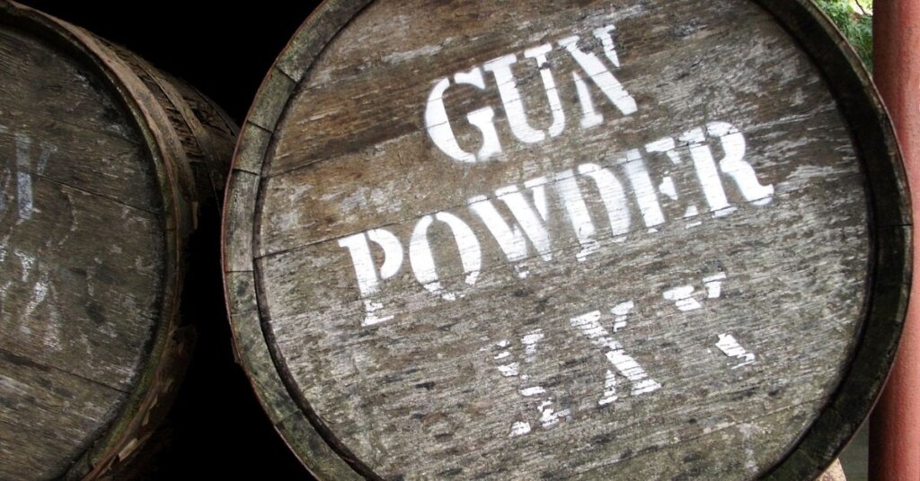 A barrel with gun powder written on it