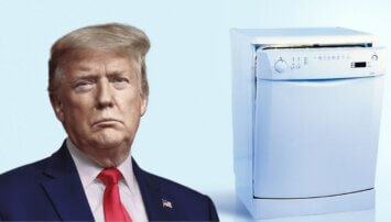Trump next to a dishwasher