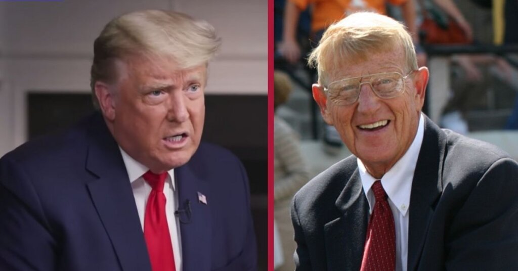 Side by side photos of Trump and Lou Holtz