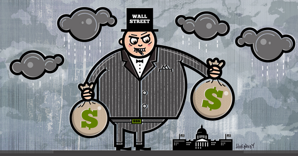 Cartoon drawing of a "fat cat" holding two money bags